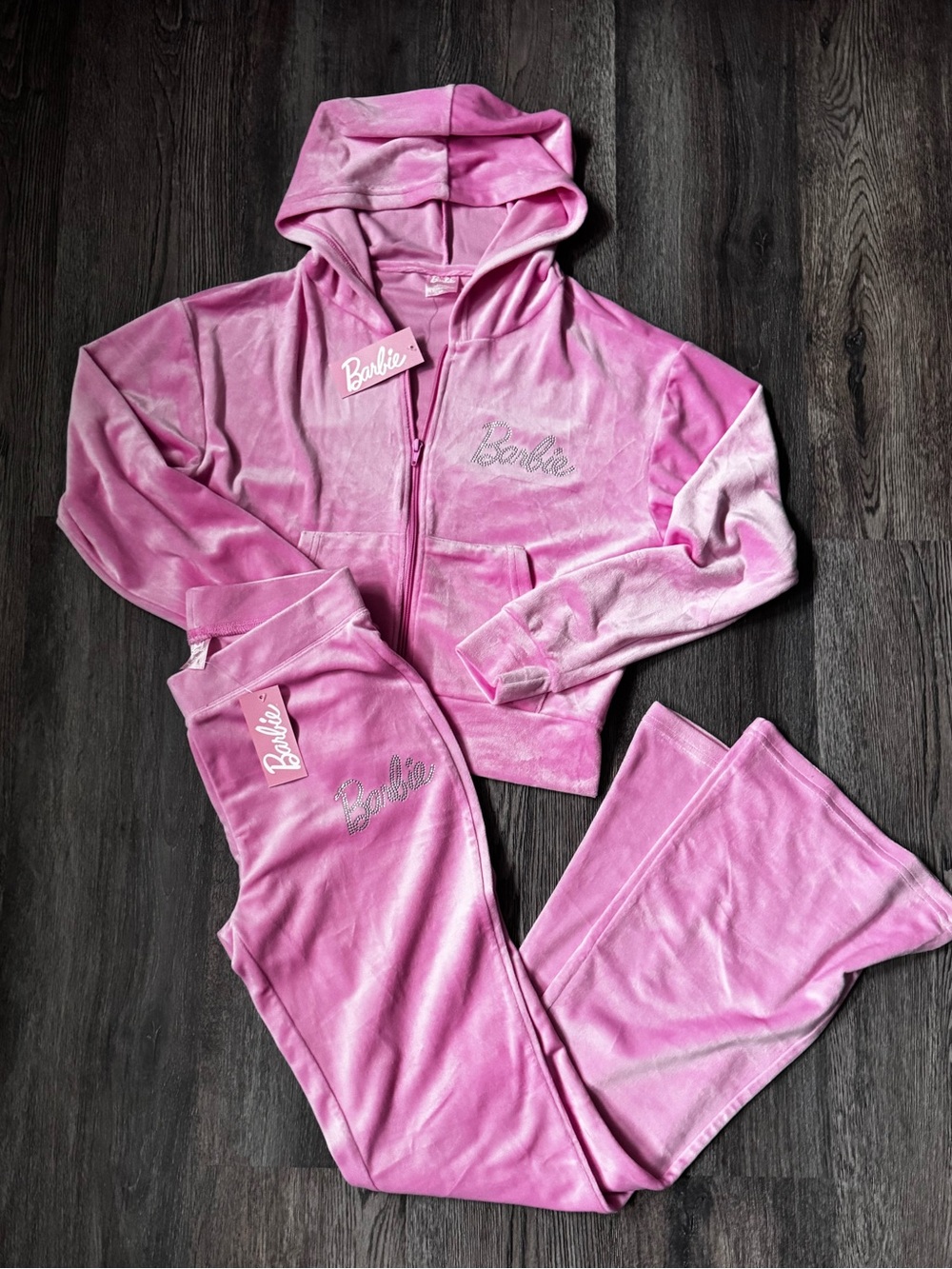 Barbie Pink Velour Tracksuit Set Rhinestone Logo Hoodie + Pants NEW WITH TAG